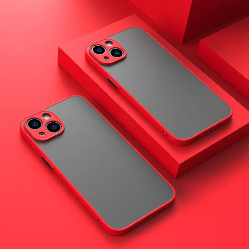 Frosted hard plastic and TPU iPhone case with fine hole design and raised camera protection.