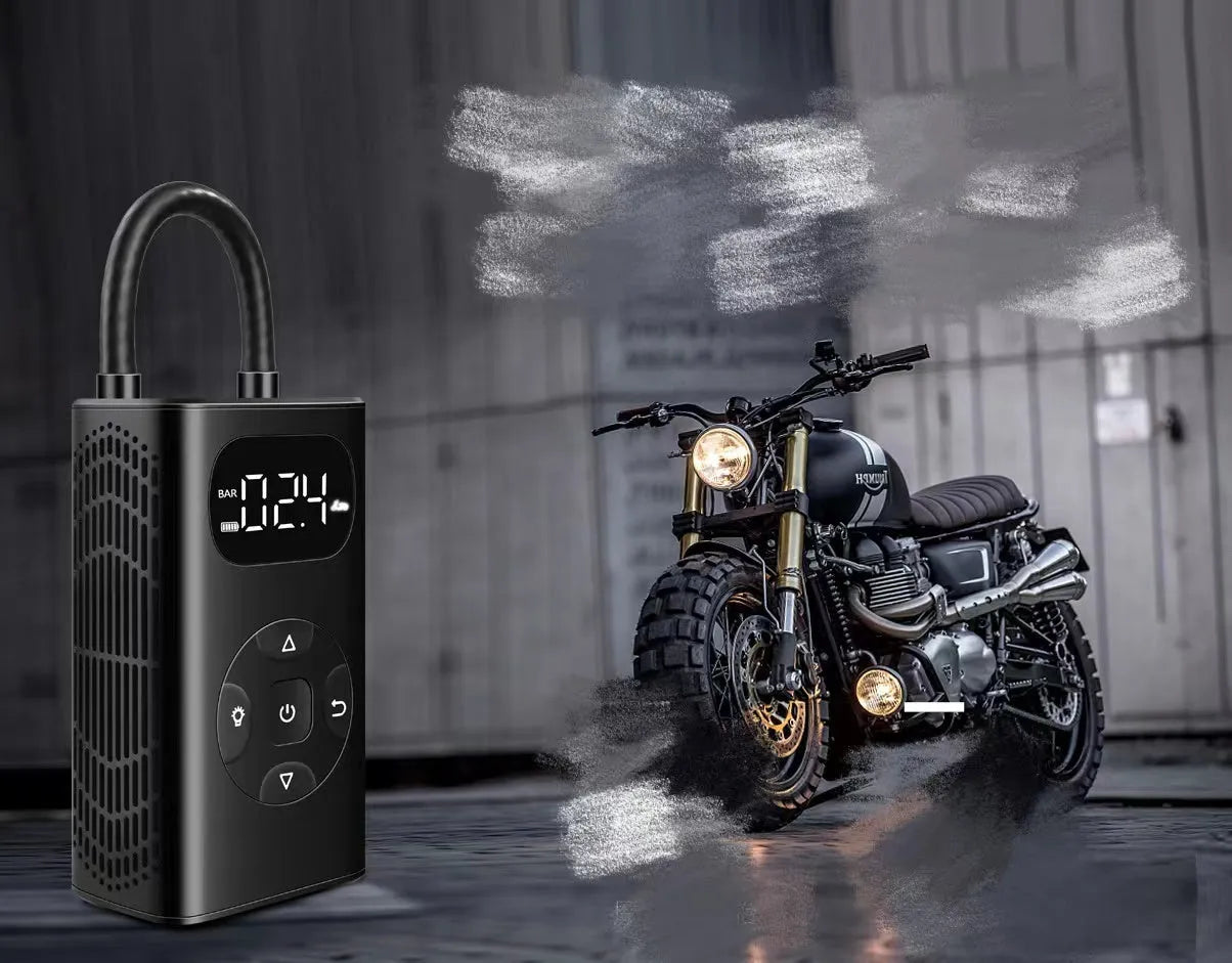 Black portable USB tyre inflator for cars motorcycles bicycles with digital display