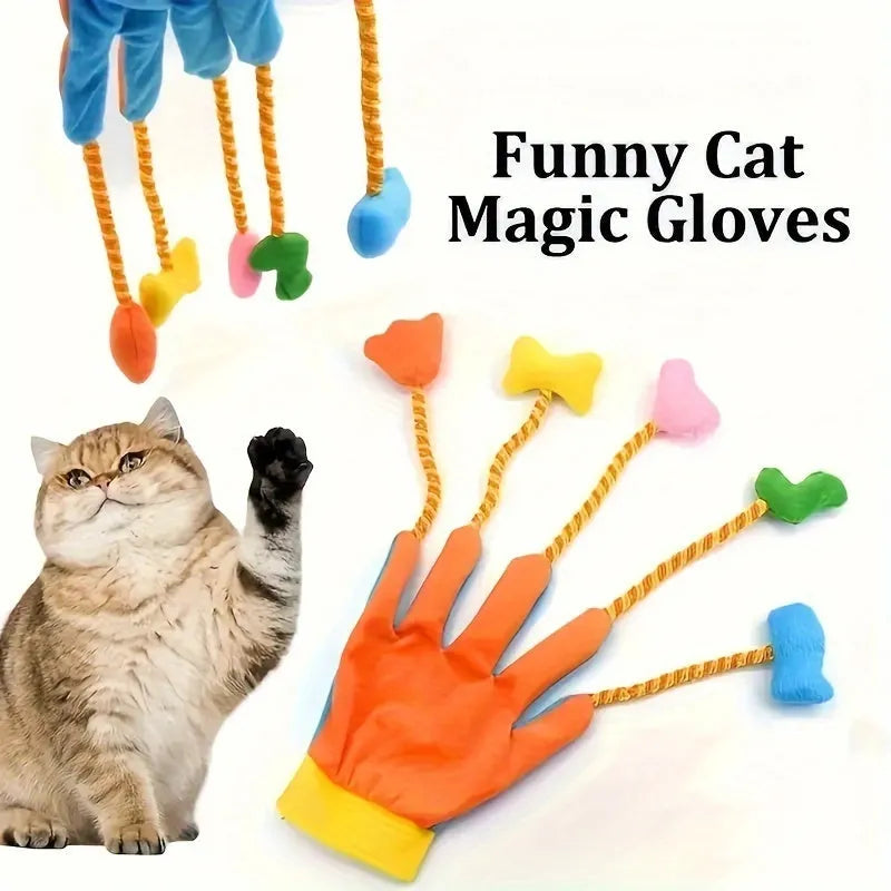 Yellow and blue plush glove cat toy with bell and squeaker inside for interactive play
