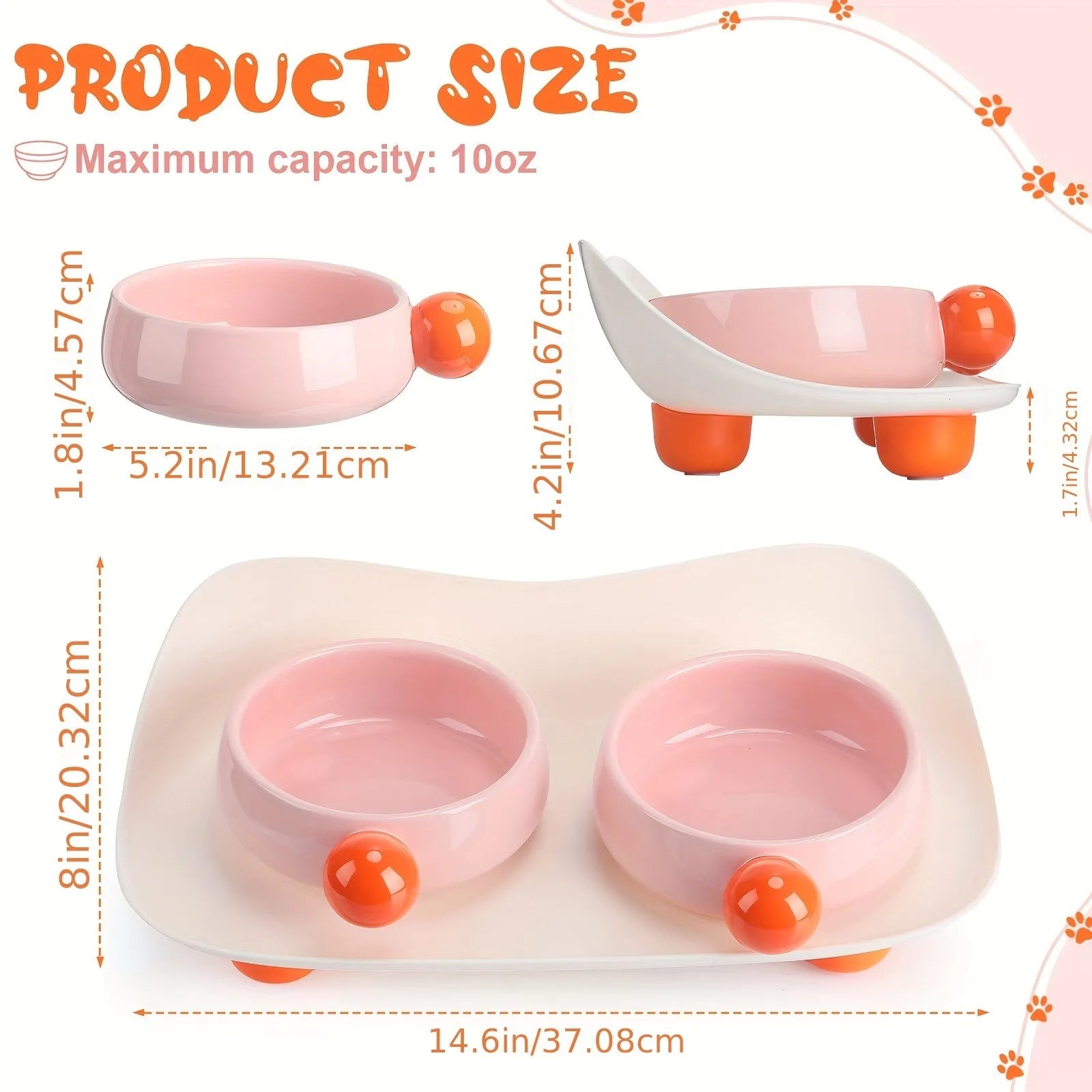Double raised ceramic pet feeding bowl set with non-slip base in pink colour