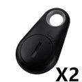 Small black Bluetooth tracker on a keyring with white logo and rounded edges