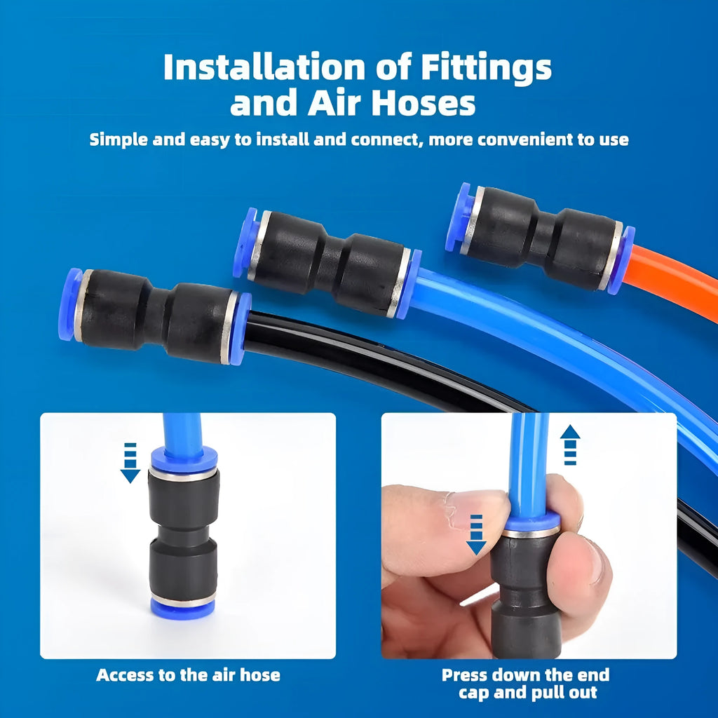 60-piece quick pneumatic connector set with push-in fittings in R1/4 and R1/2 calibres
