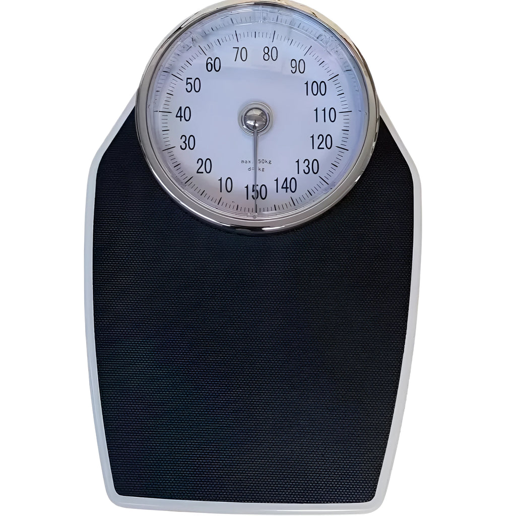 Black mechanical body weight scale with large dial and pointer on a simple platform.