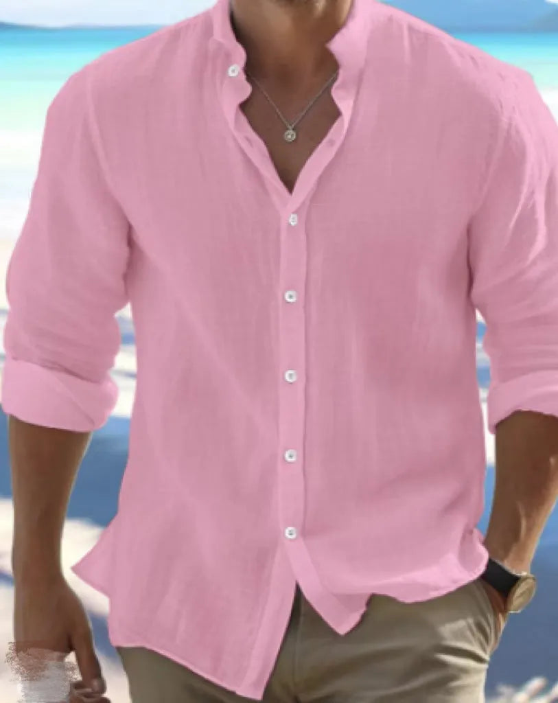 A man's light grey casual pullover shirt made from long-staple cotton fabric, shown on a hanger.