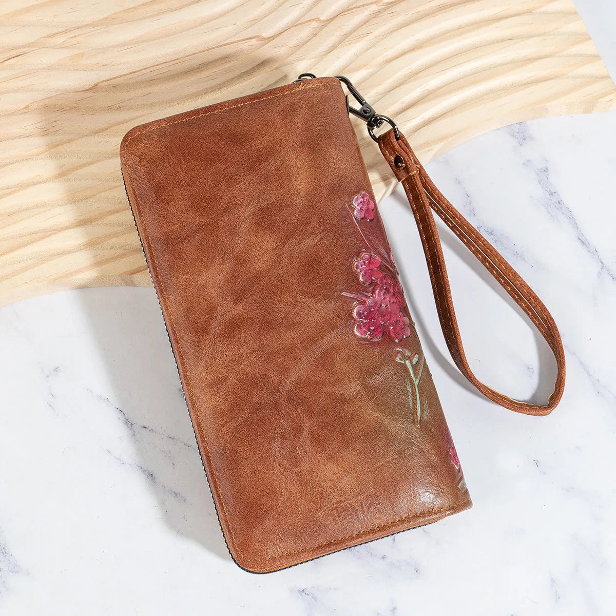 Embossed hand-painted Chinese style floral pattern zipper handbag in PU leather