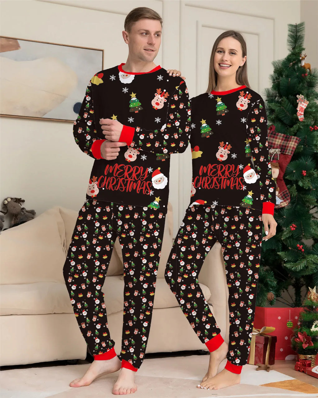 Family wearing matching red plaid Christmas pajamas with dog in matching pet pajamas