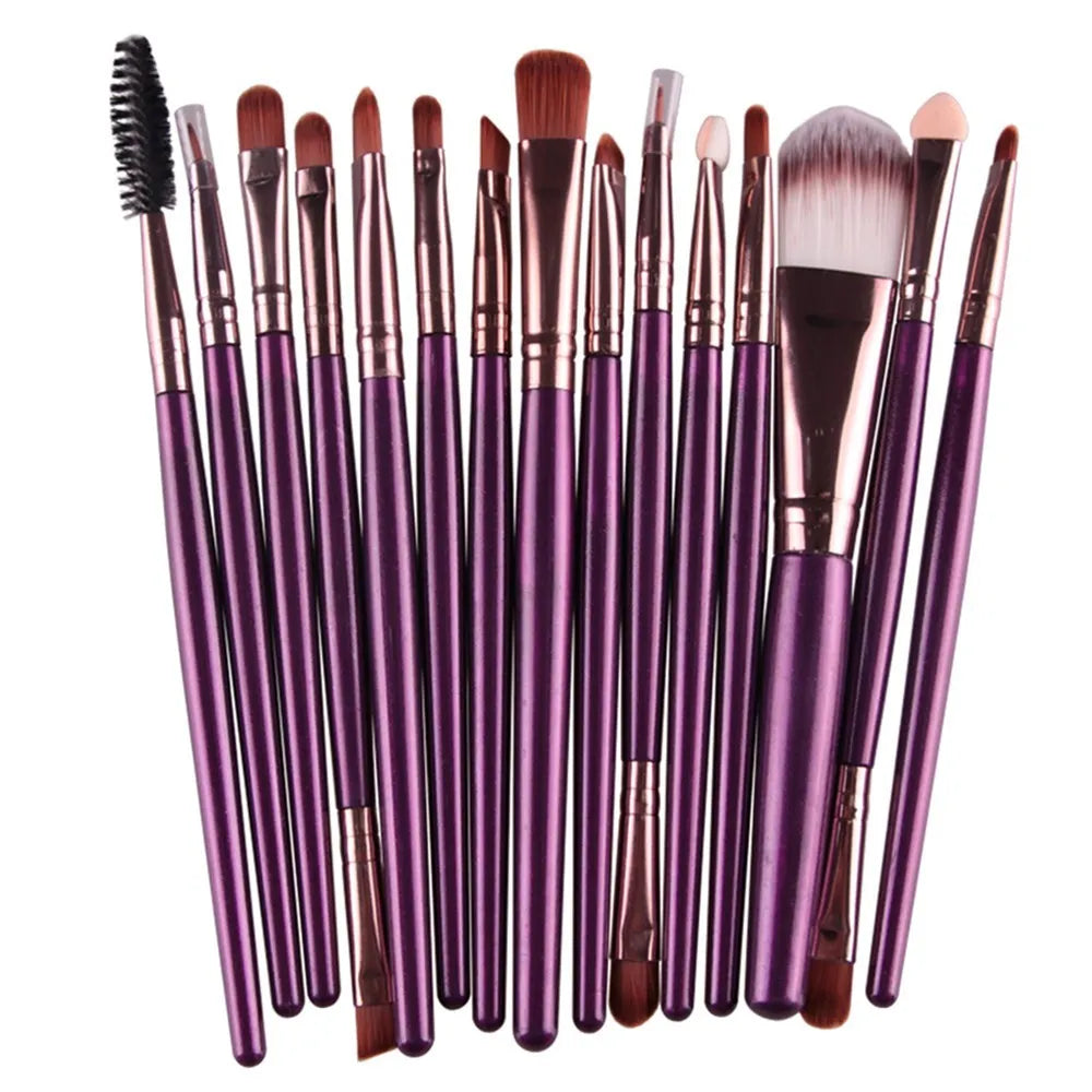 MAANGE 18-piece makeup brush set with fan-shaped cosmetic tools laid out on a table.