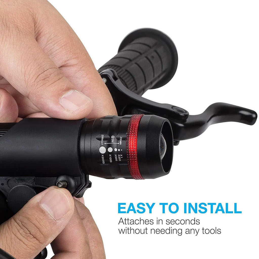 Black bicycle headlight and taillight set with handlebar mounting bracket on a bicycle.