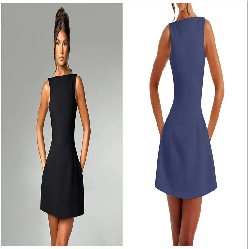 Slim-fitting backless sling dress with high waist and short skirt in a choice of colours.