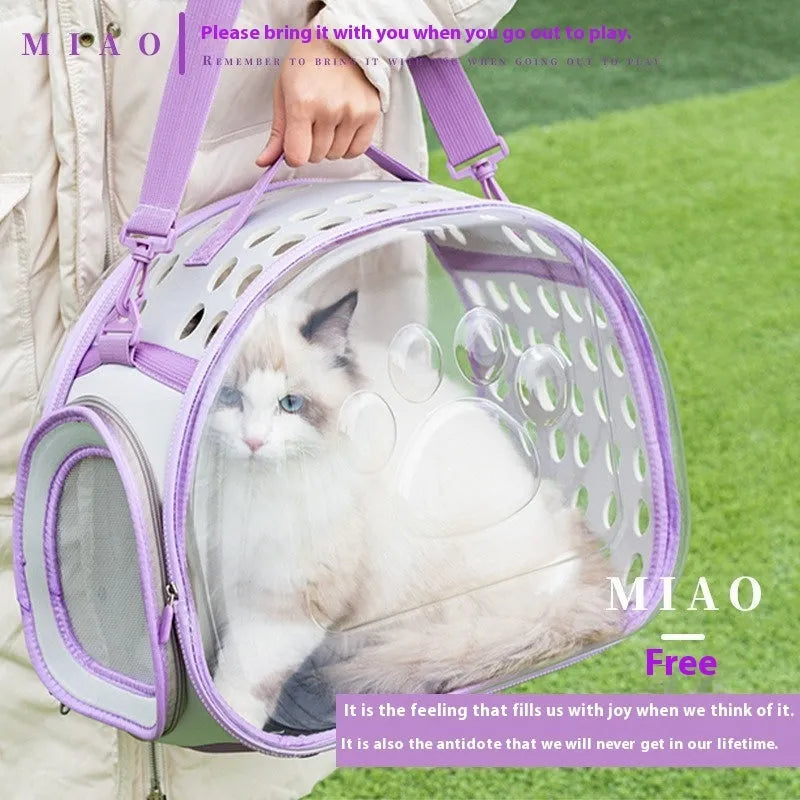 Transparent hard-shell cat backpack carrier in space capsule design with foldable feature