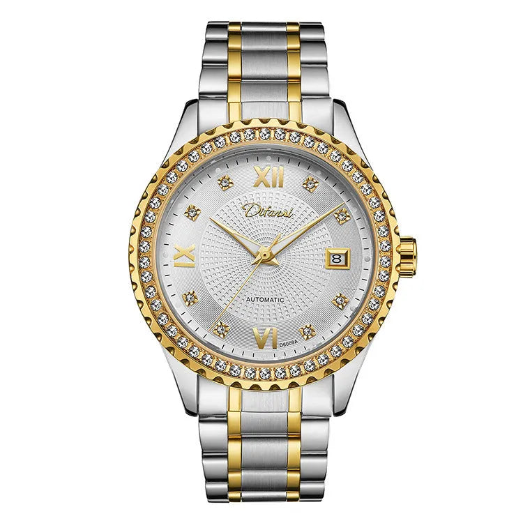 Fashionmonger automatic mechanical watch with luminous hands on wrist showing gold case and black dial