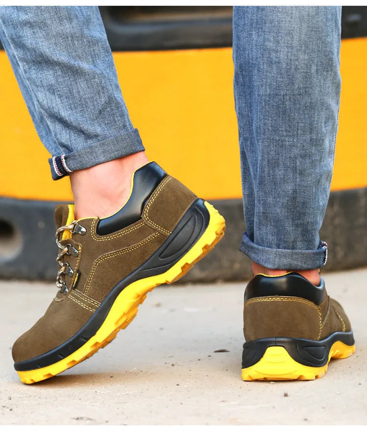 Bronze leather men's safety shoes with steel toe cap and non-slip patterned sole