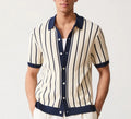 Men's white short sleeve knitted t-shirt with a lapel and asymmetric design detail.