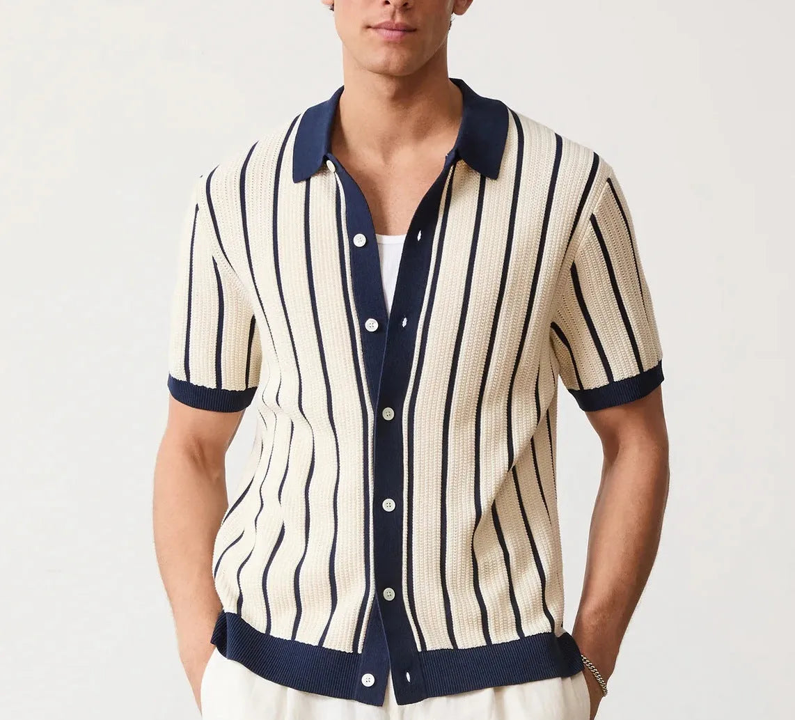 Men's white short sleeve knitted t-shirt with a lapel and asymmetric design detail.
