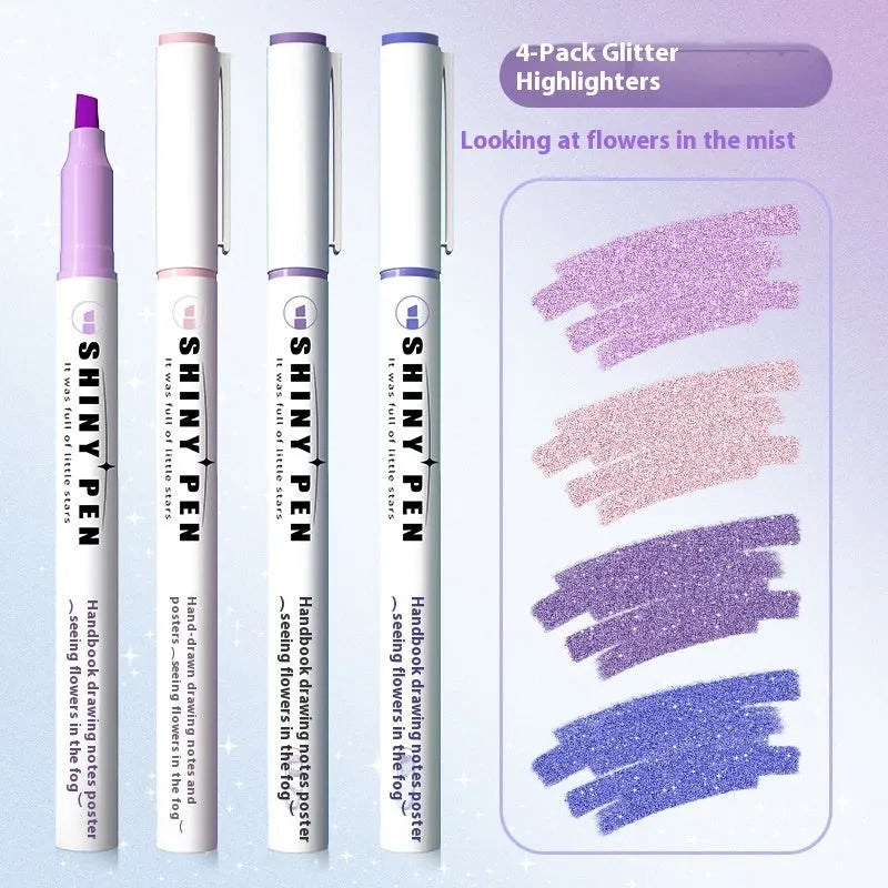 Sparkling Star River set of four glitter highlighter pens in assorted pastel colours with slanted tips.