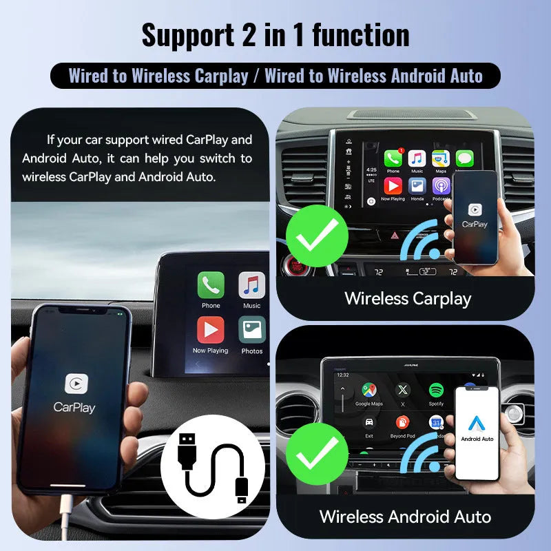Black mini USB CarPlay wireless adapter interface with compact dimensions