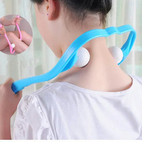 Blue plastic hand-held neck massager with adjustable rollers on a flexible stand.