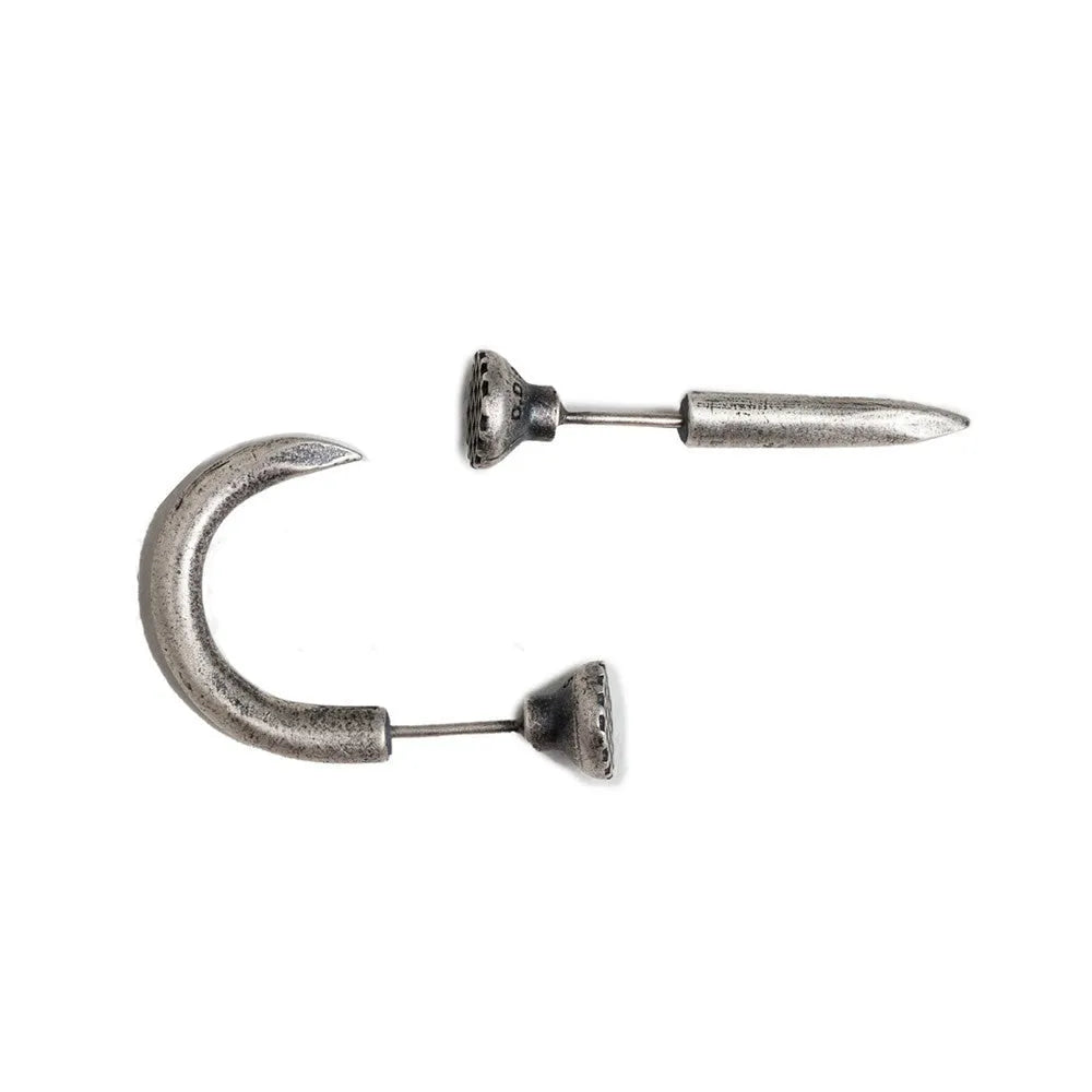 Sterling silver punk nail earrings with ear hook design showing straight and curved options