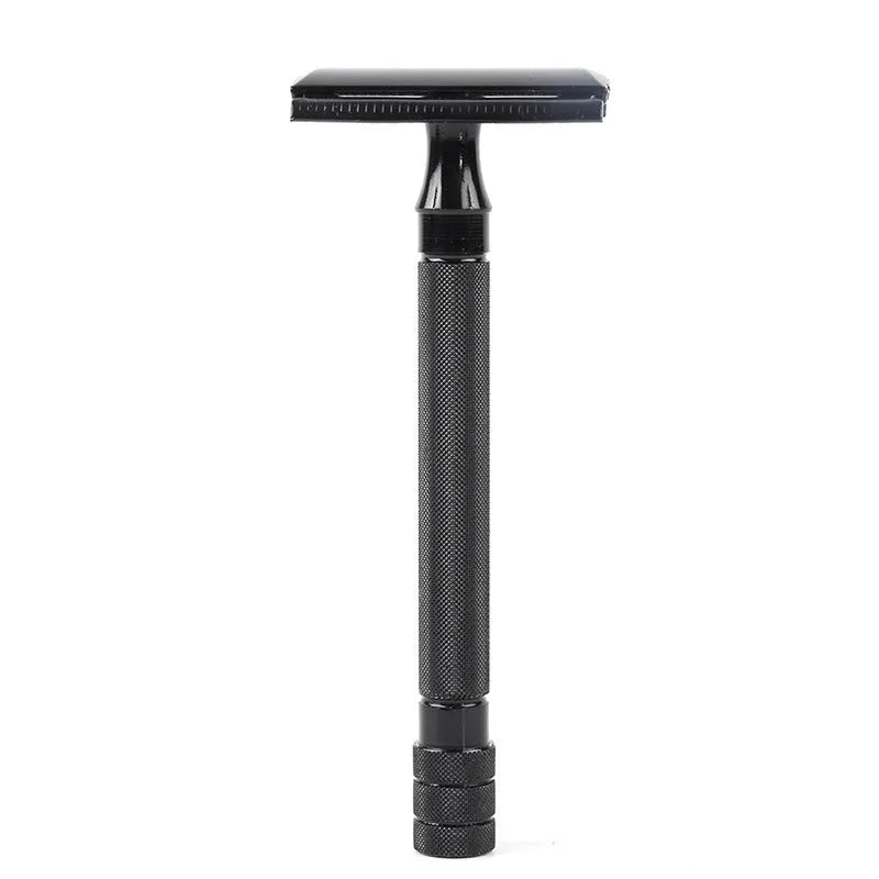 Traditional manual safety razor and shaving brush set in chrome metal finish