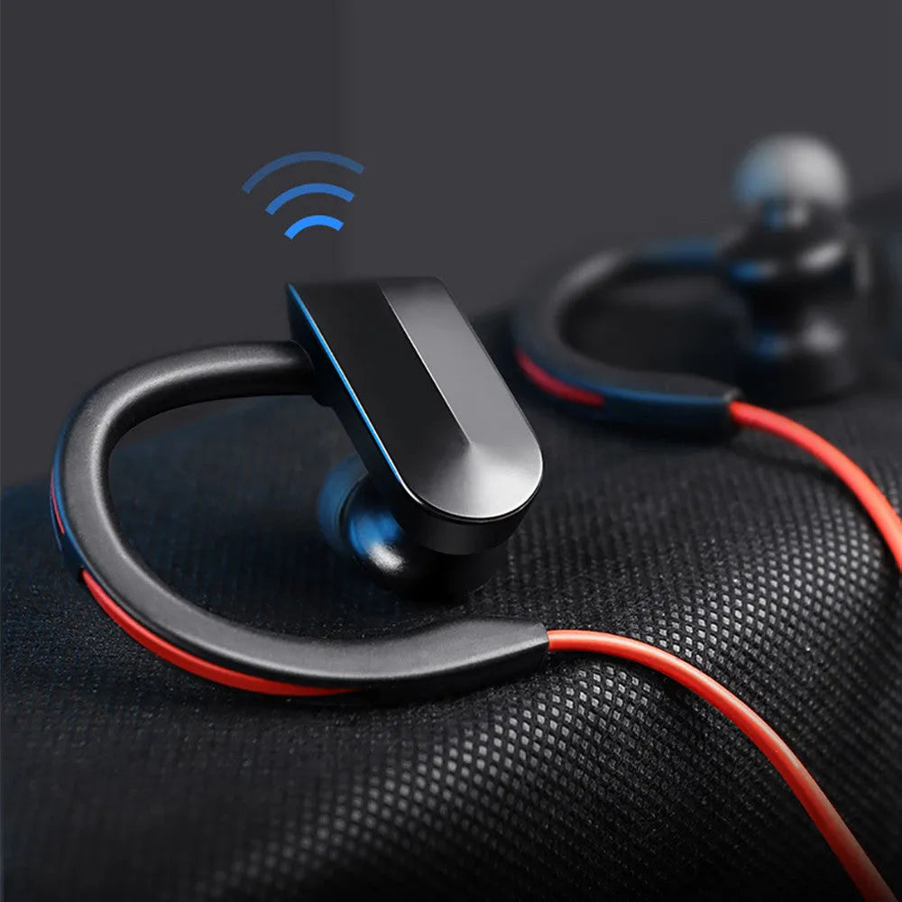 Black neck-mounted Bluetooth earphones with in-ear buds and USB charging cable
