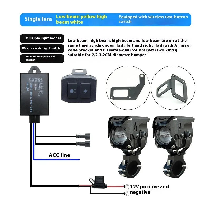 Motorcycle LED spotlight kit with tangent lens for electric vehicle modifications
