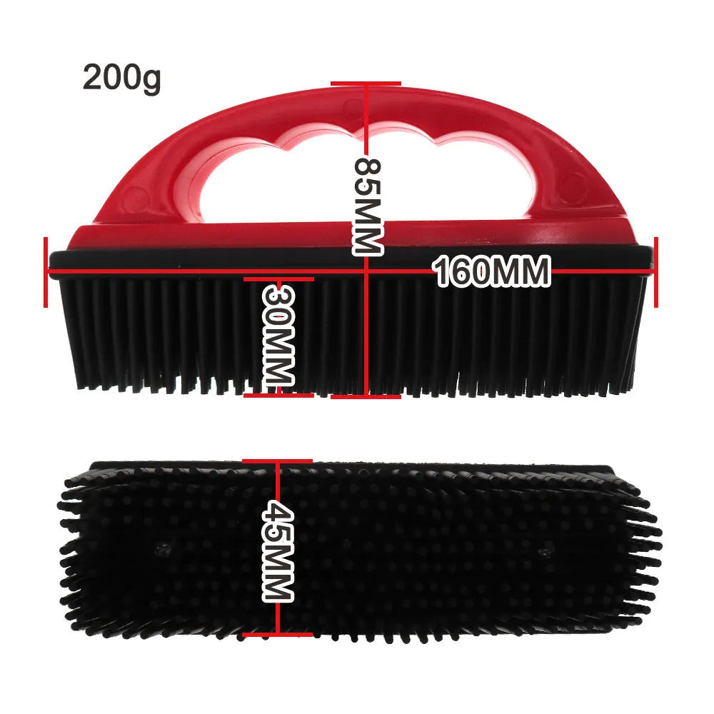 Red pet grooming brush with hair removal feature for dogs, cats and carpet cleaning measuring 160x85mm