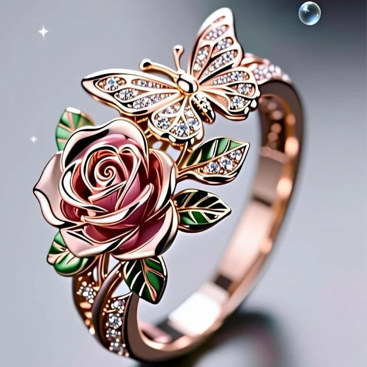 Adjustable butterfly oil drip fairy style necklace ring with colourful alloy surface and floral insect motifs