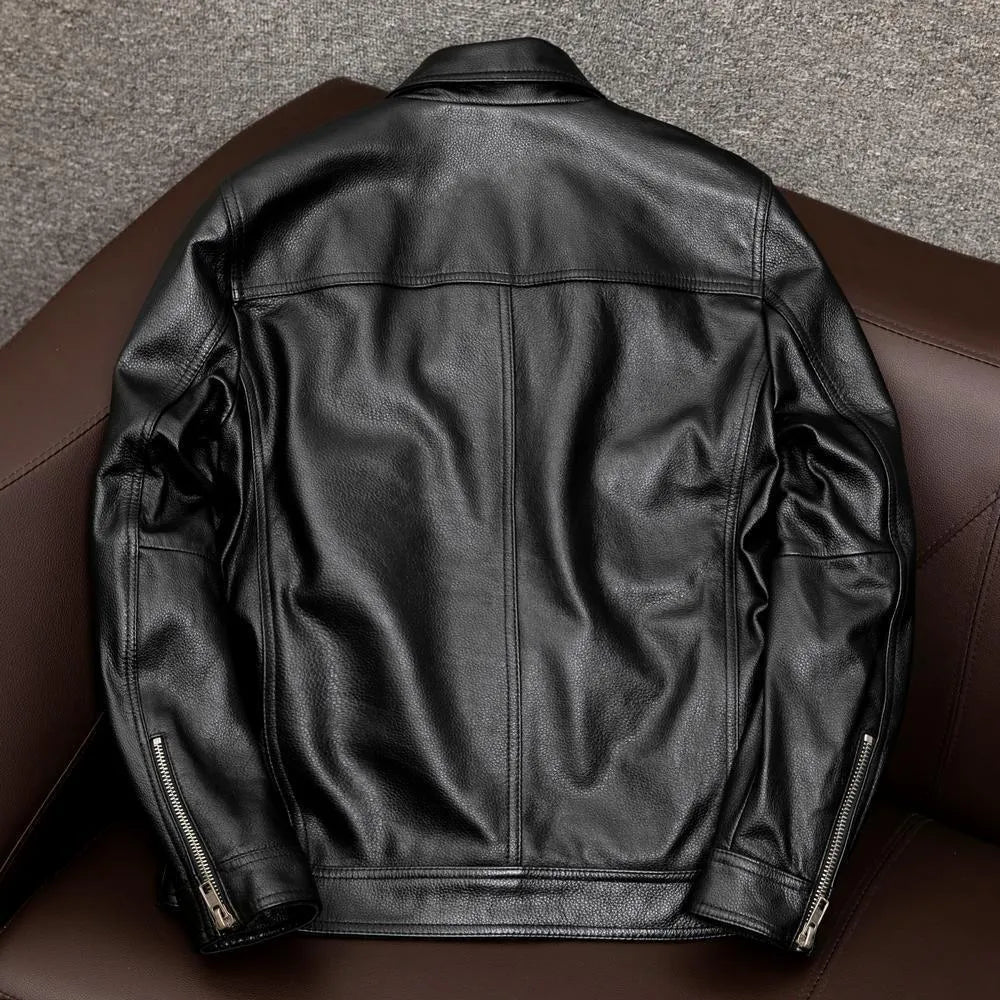 Men's plus size black lapel leather jacket with side pockets, shown on a hanger.