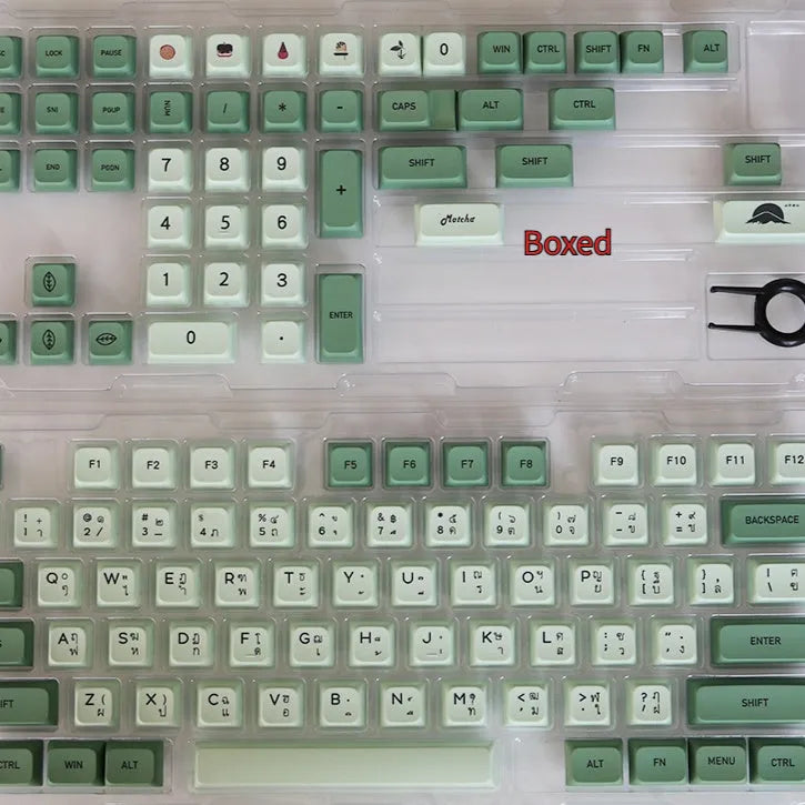 124 Key Matcha green and beige PBT keycap set for mechanical keyboards, showing multiple language layout options.