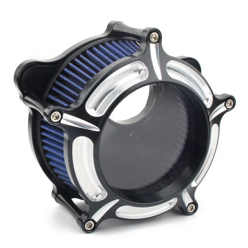 Aluminium air filter retrofit kit in red and blue electroplated finishes with suction accessories.