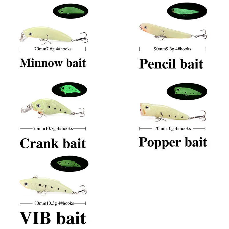 Set of five 3D fluorescent simulation luminous hard bait fishing lures for sub-surface fishing