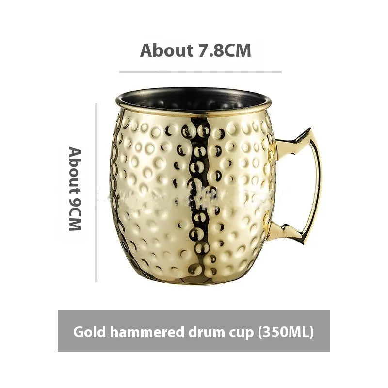 Copper plated stainless steel Moscow Mule mug in hammered and smooth styles, shown in silver, gold, rose gold, and black.