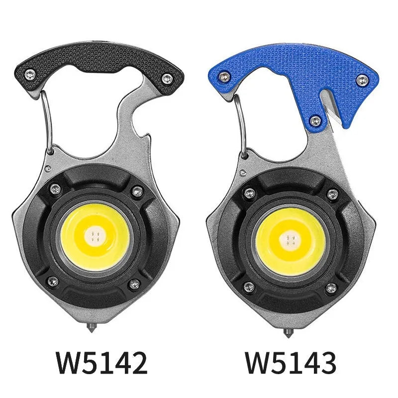Multifunctional portable keychain light with window breaker and screwdriver, showing charging port and smart display.