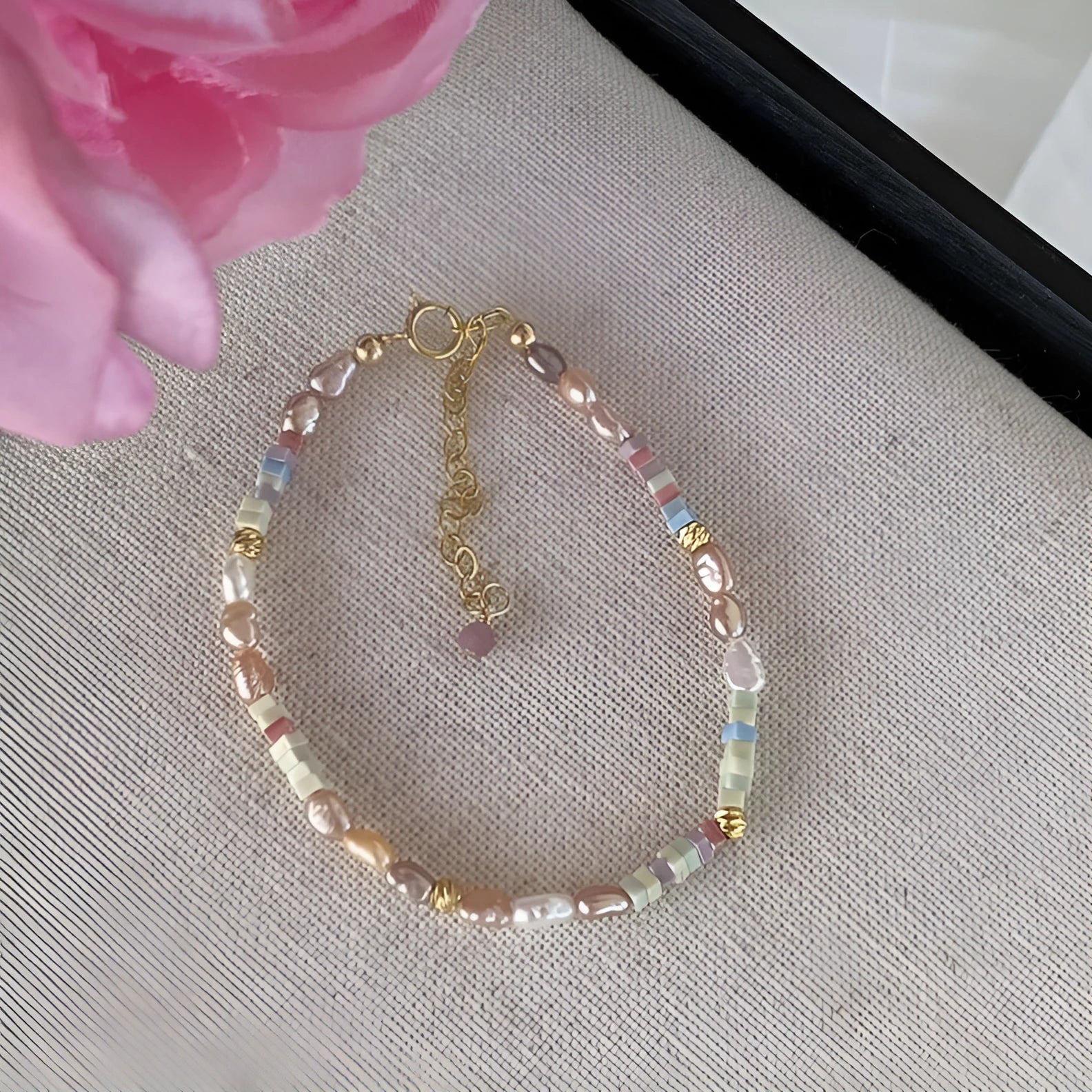 Purple natural pearl bracelet and necklace set with 14K gilded silver handmade jewellery