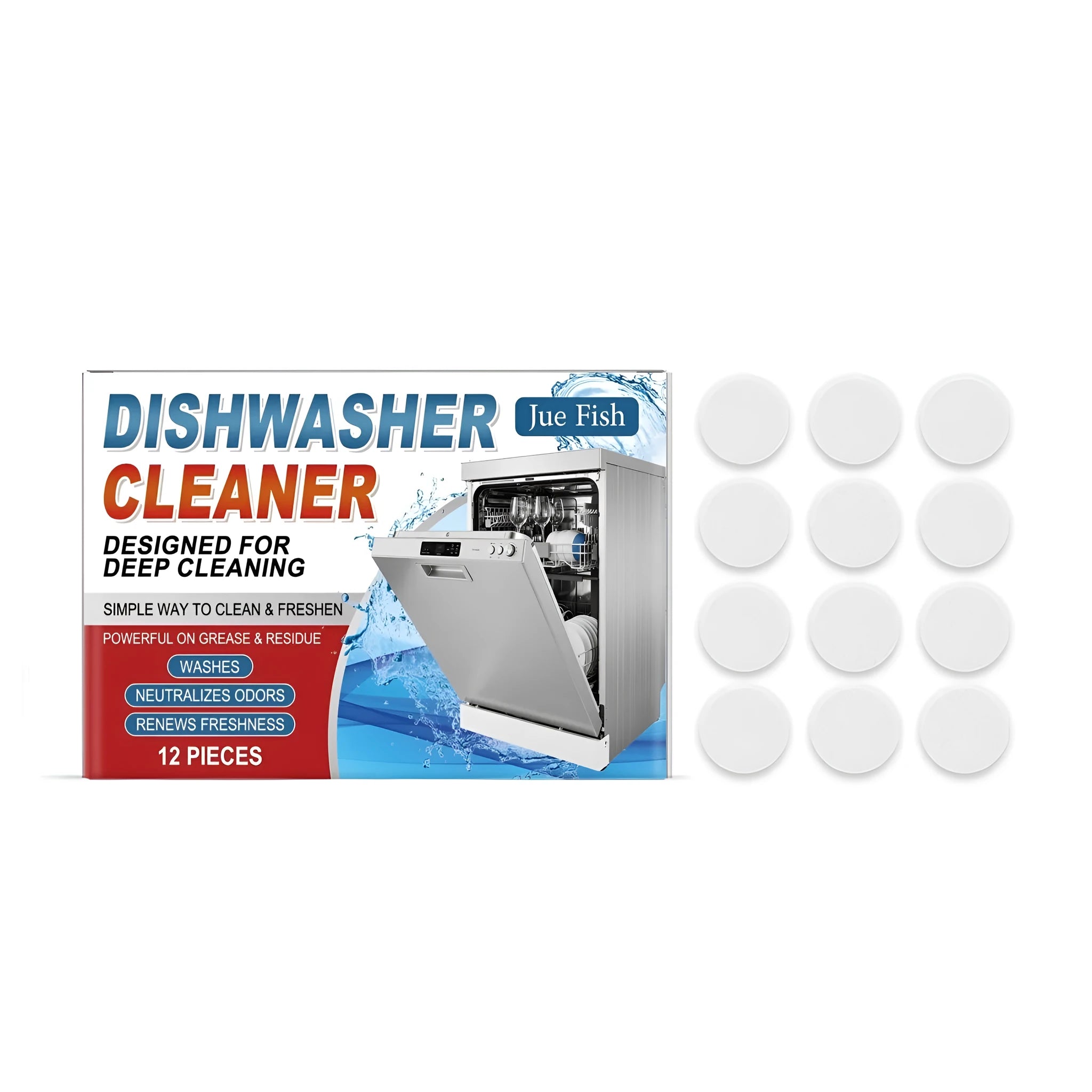 Pack of twelve white dishwasher cleaning tablets for appliance descaling and cleaning