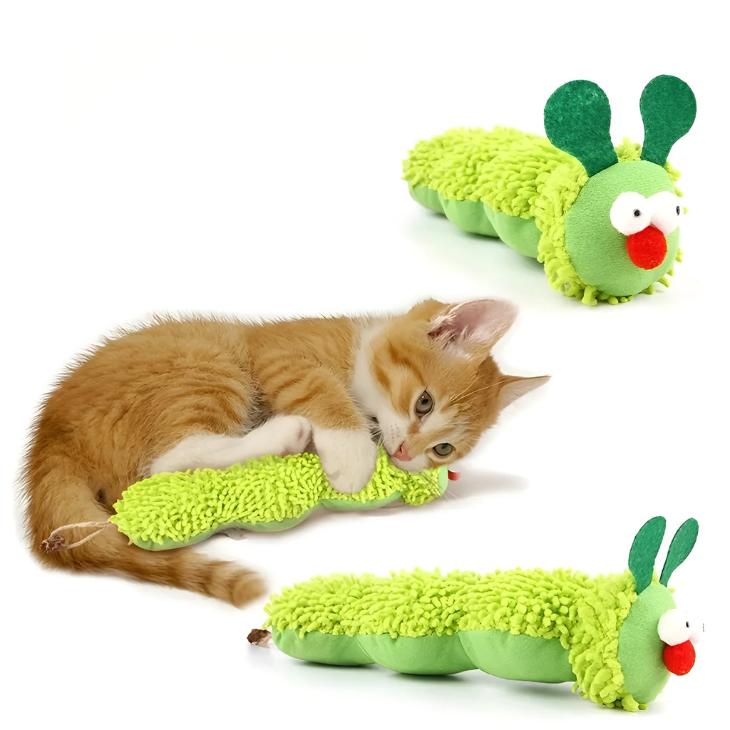 Green interactive plush cat toy pillow with sports attachments, measuring 24cm long