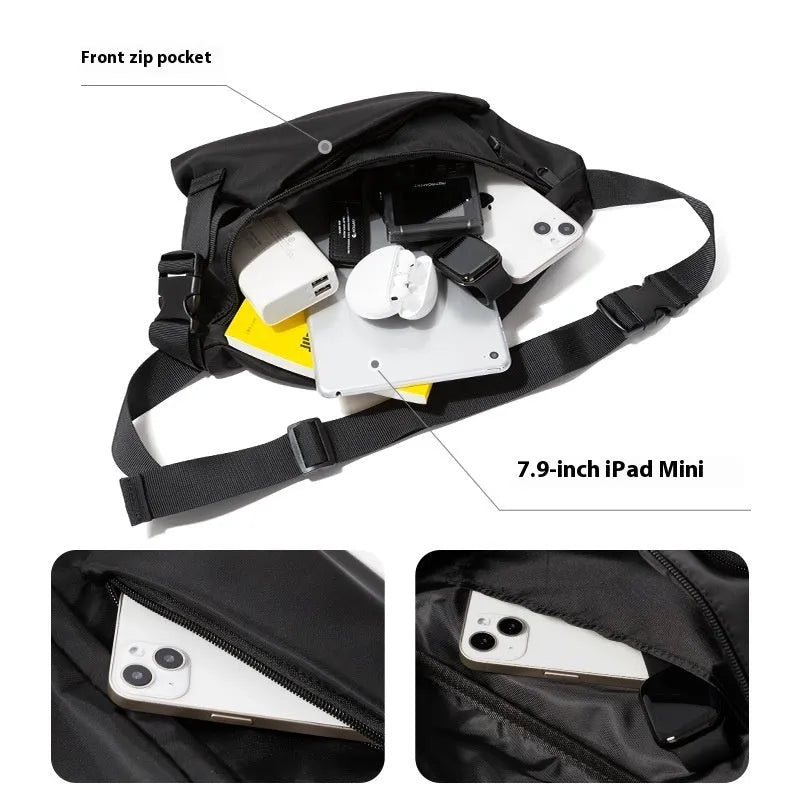 Black slanted chest bag with Oxford fabric construction and visible sewing lines