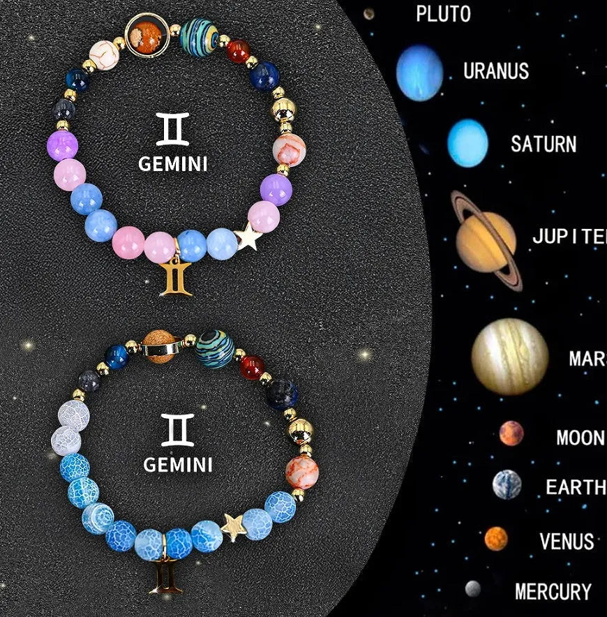 Set of two natural stone beaded bracelets for zodiac signs on adjustable elastic strings.