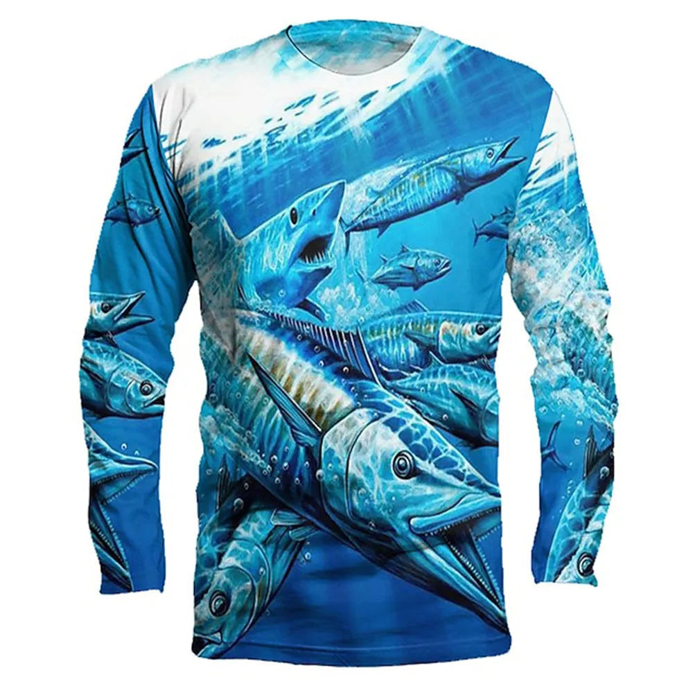 Men's grey pullover top with a colourful fish print design on the long sleeves.