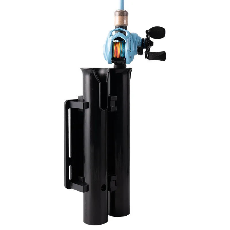 Plastic fishing rod rack with double-layer frame for mounting to bicycle or motorcycle handlebars.