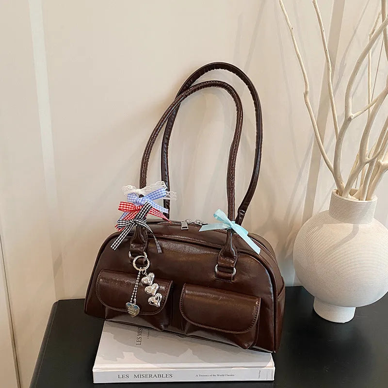 Women's PU leather retro pillow-shaped handbag with double shoulder straps in black colour