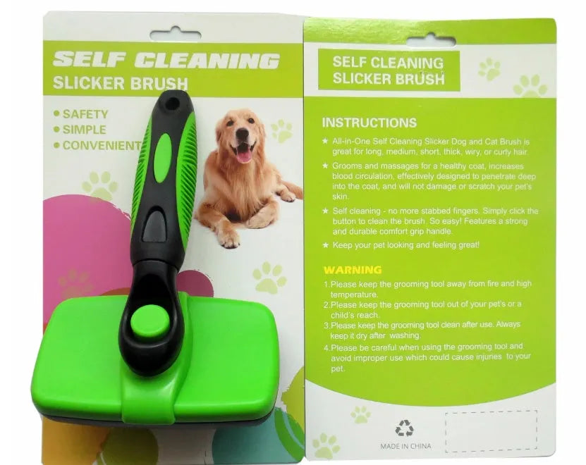 Pet self-cleaning slicker brush with stainless steel needles, green handle, on white background