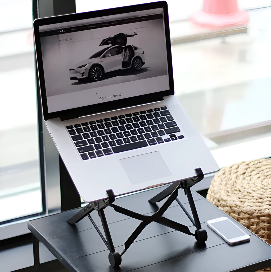 Black folding laptop stand with reinforced nylon construction shown in open and closed positions