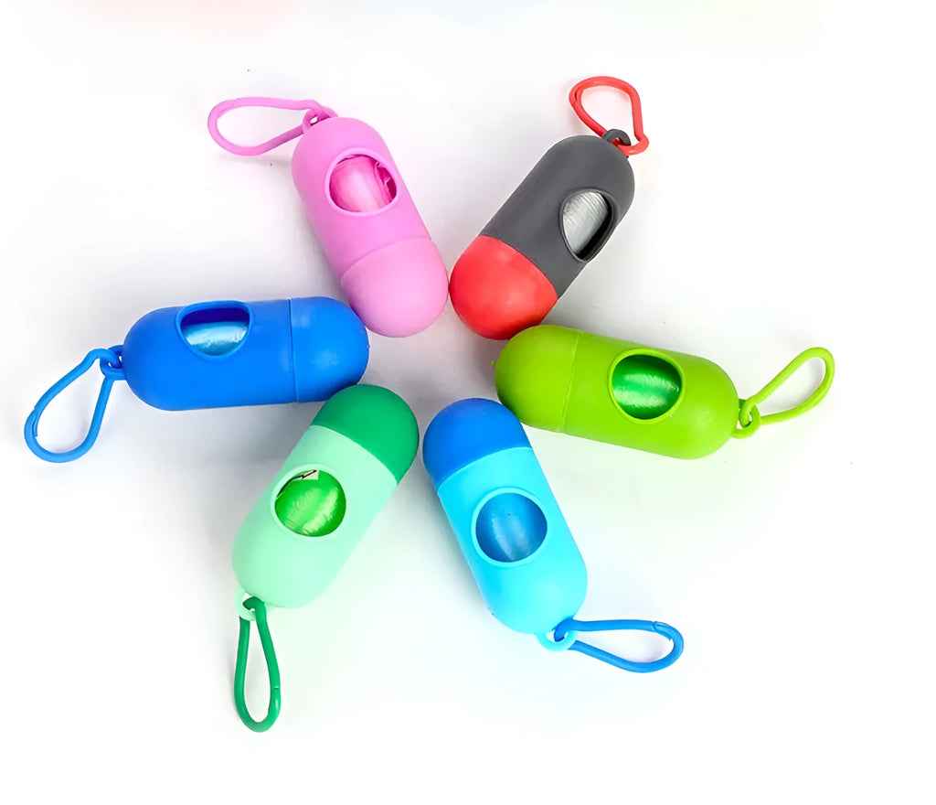 Roll of handled dog poop bags in assorted colours showing dimensions of 22.5 by 30 centimetres