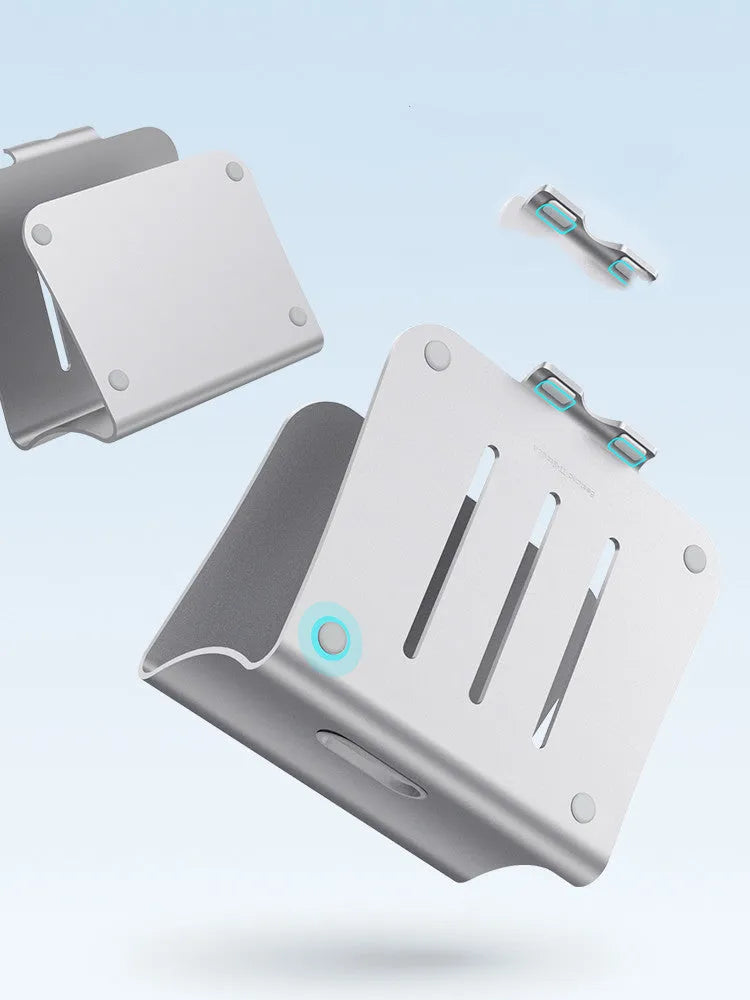 Aluminium alloy rotary laptop cooling stand with strip heat dissipation fins in grey or silver.
