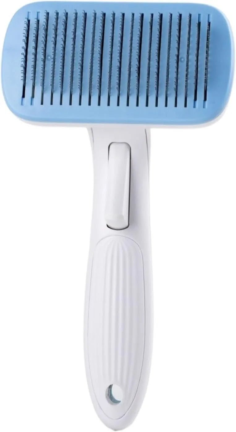 Blue automatic pet hair removal comb for dogs and cats on a table.