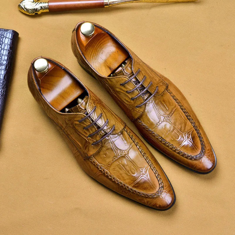 Men's black leather business shoes with alligator pattern texture and silver horse bit buckle