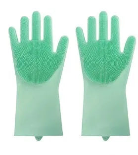 Silicone cleaning gloves with textured scrubbing surface in assorted colours