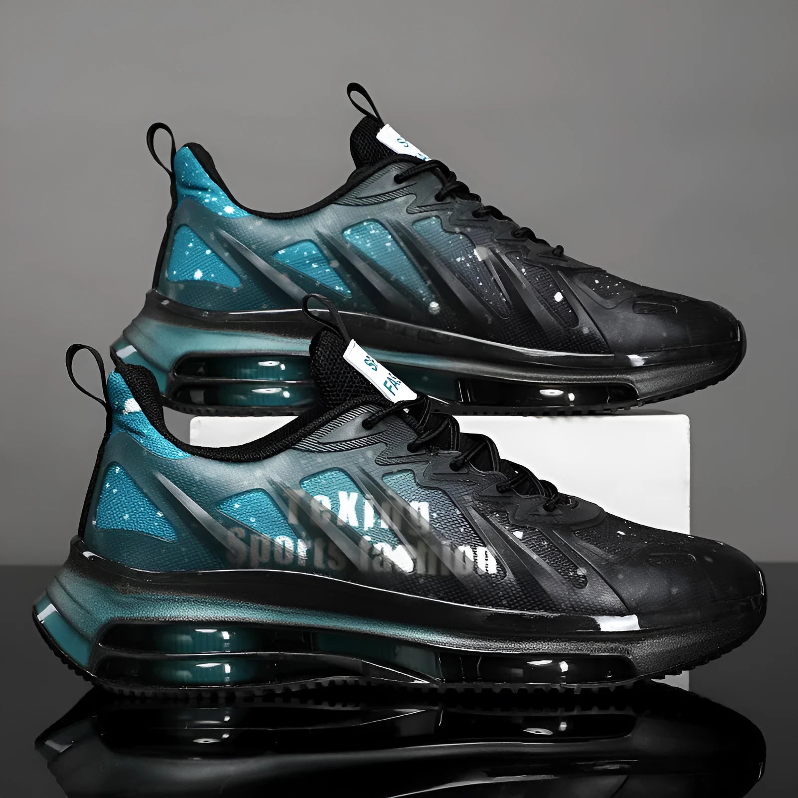 Men's casual platform running shoes in mesh with rubber sole, showing lace-up design and colour options