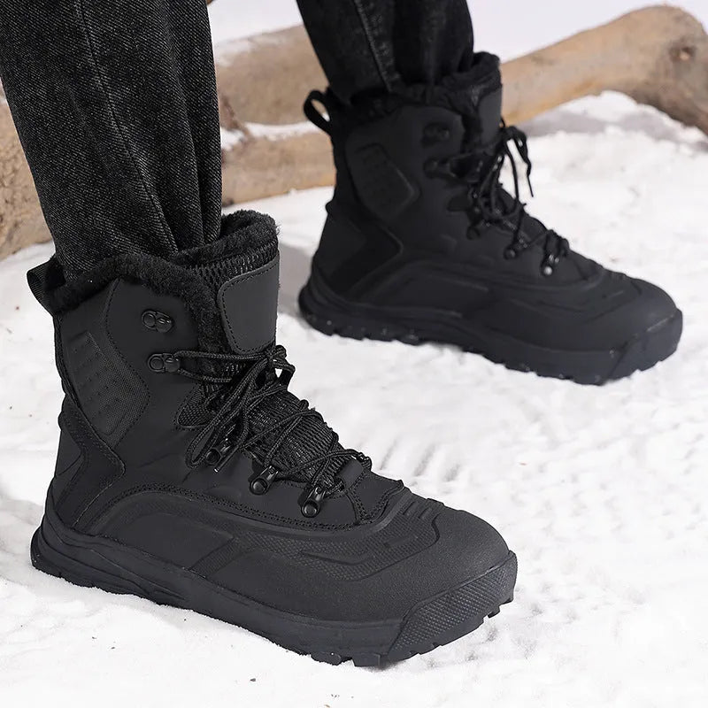 Men's black high-top winter boots with fleece lining and lace-up front.